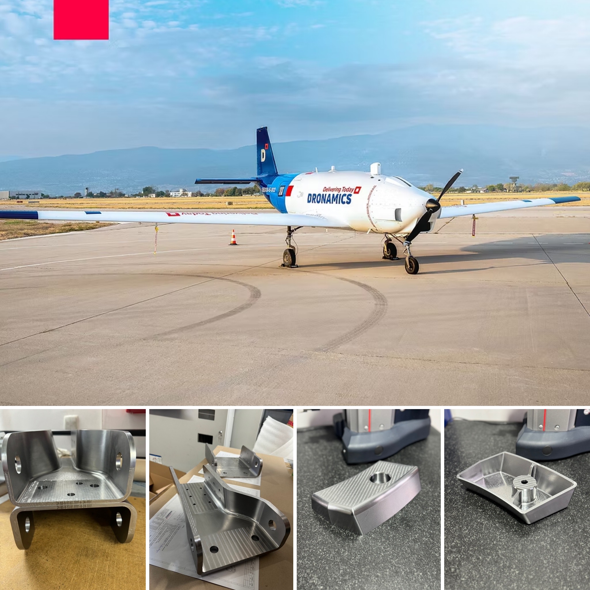 Kolaż: Duży autonomiczny dron cargo Dronamics na pasie startowym oraz precyzyjne, frezowane elementy konstrukcyjne dostarczone przez Maximus CNC.