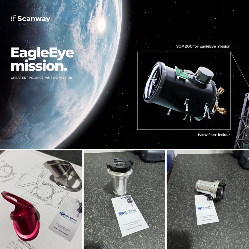 Kolaż misji kosmicznej EagleEye firmy Scanway Space. Zdjęcie satelity i obok precyzyjne komponenty metalowe wykonane przez Maximus CNC.