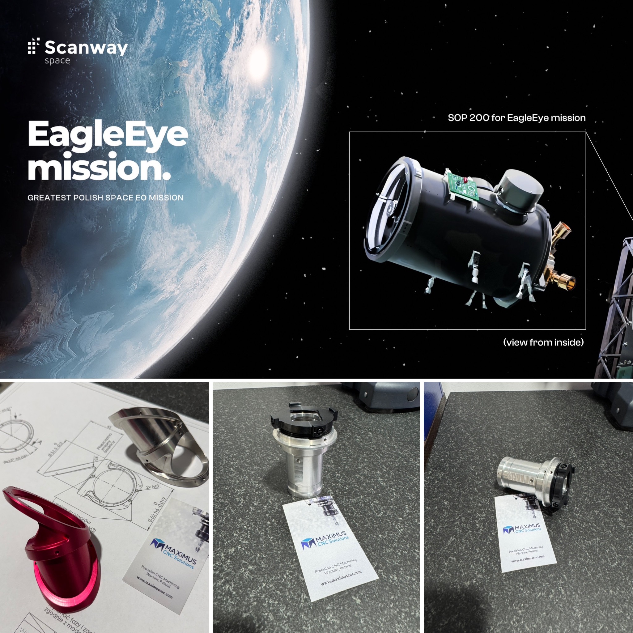 Kolaż misji kosmicznej EagleEye firmy Scanway Space. Zdjęcie satelity i obok precyzyjne komponenty metalowe wykonane przez Maximus CNC.